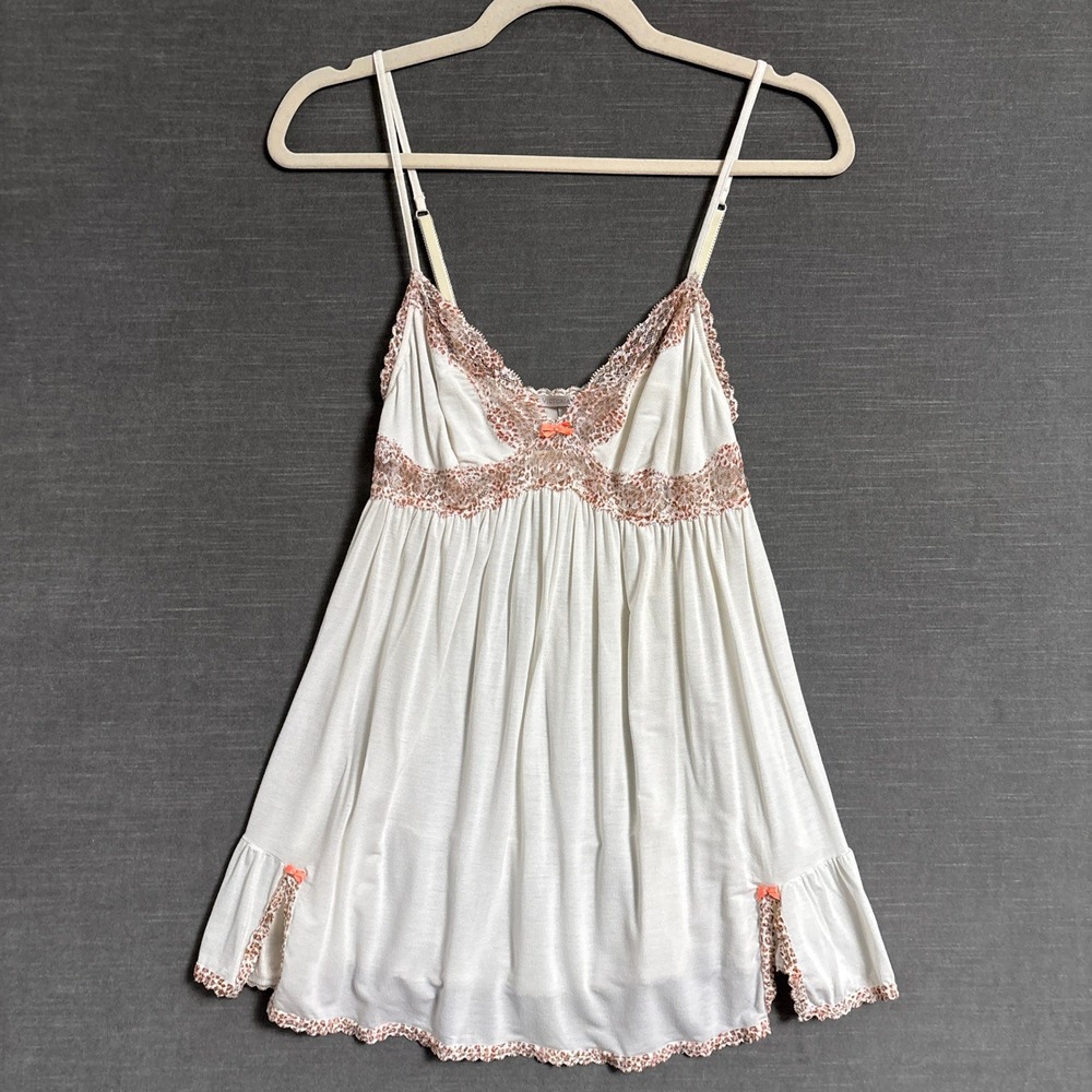 Victoria Secret Babydoll Top S Off White Pink Leopard Lace Cami Slip Chemise
